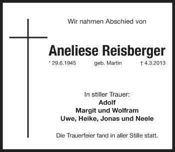 Traueranzeige von Aneliese Reisberger von Pegnitz-Zeitung